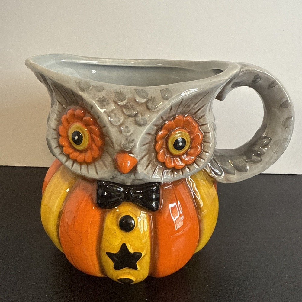Joanna Parker Owl Pumpkin Halloween /Fall‎ Decor Mini Pitcher  Vintage Inspired